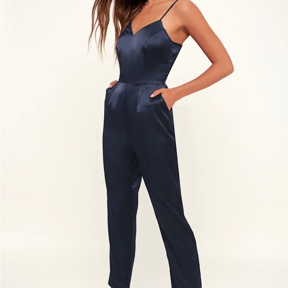 Lulu's Navy Satin Jumpsuit